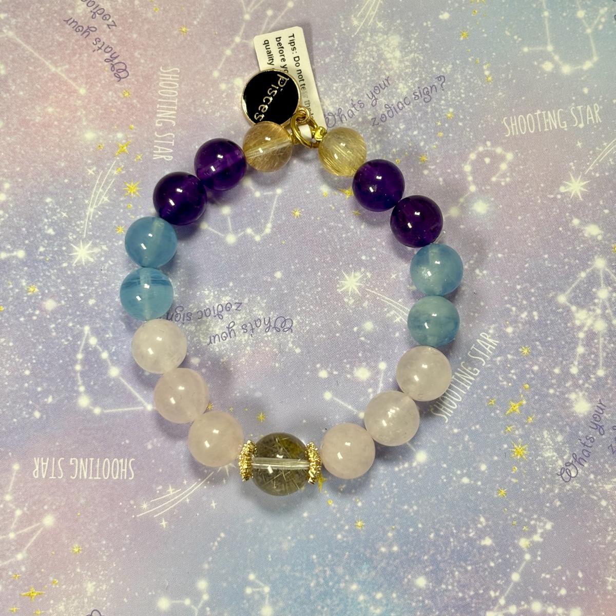 Pisces Zodiac Bracelet – Natural Amethyst, Rose Quartz, Aquamarine & Rutilated Quartz Crystals picture
