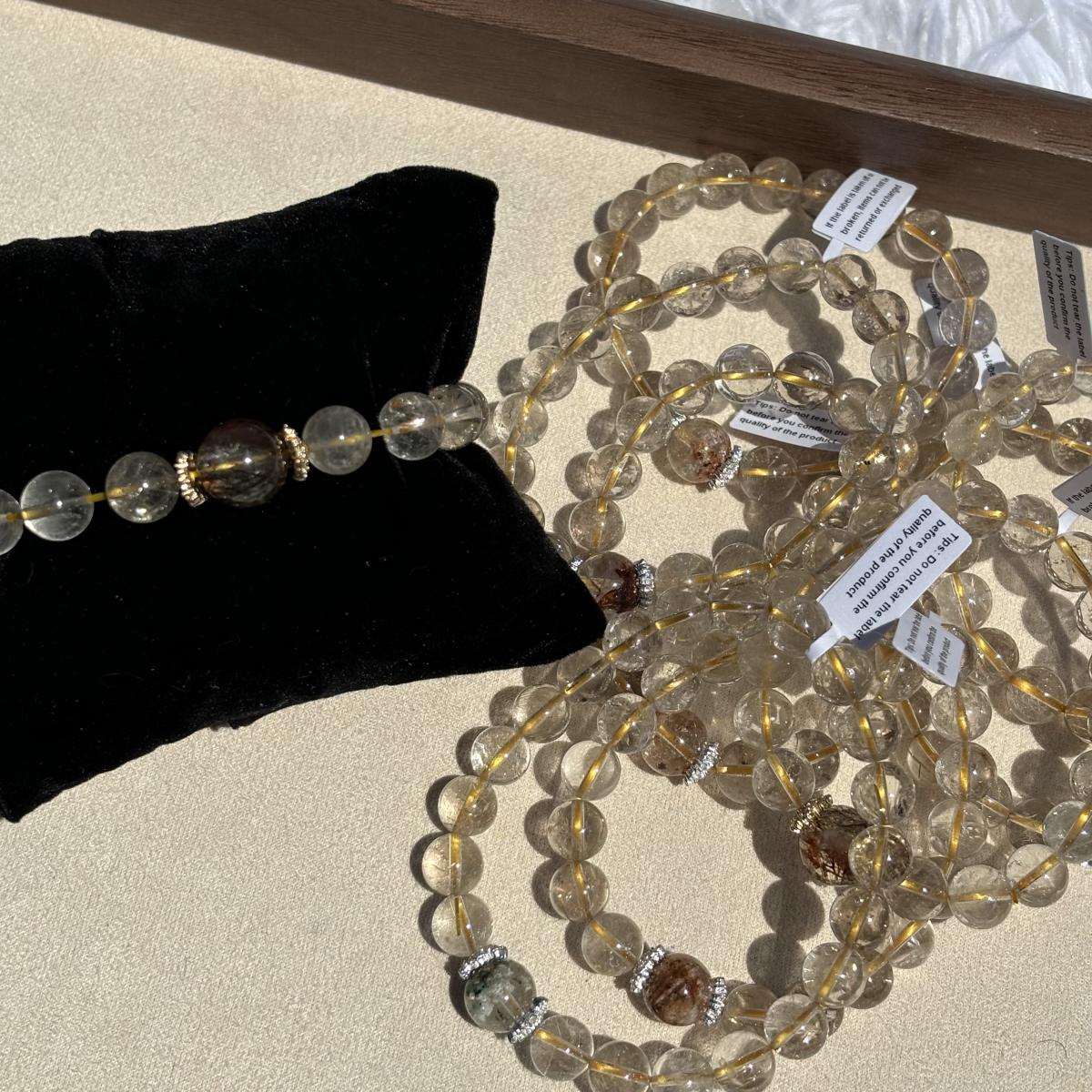 Golden Rutilated Quartz Bracelet | 8mm Beads with 10mm Phantom Quartz Center | Wealth & Clarity Crystal Jewelry picture