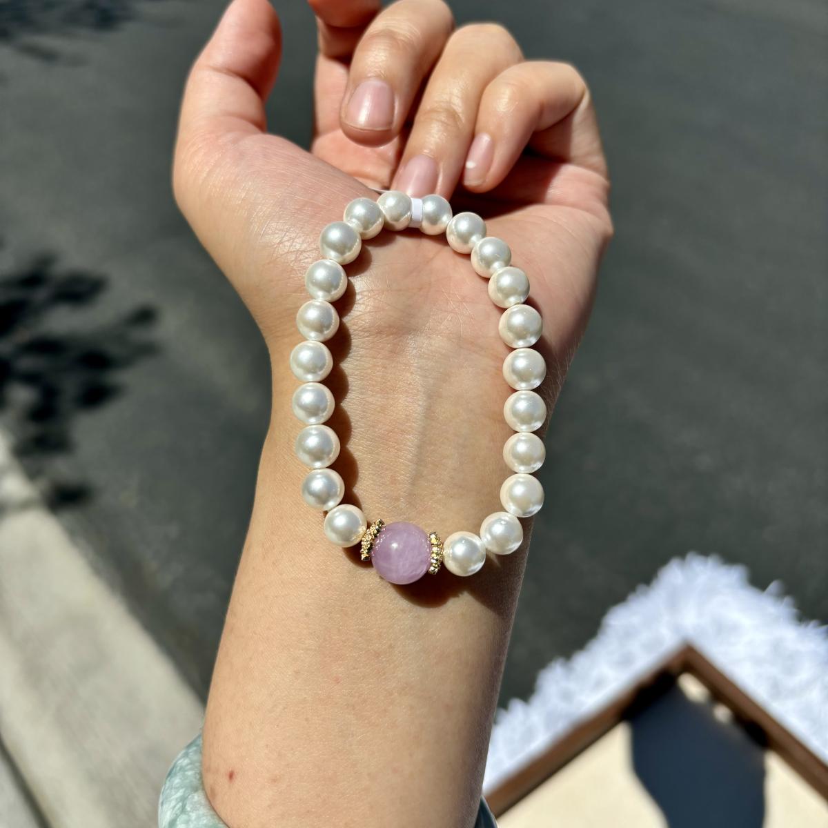 Natural Gemstone & Pearl Bead Bracelet, Choose from Strawberry Quartz, Green Fluorite, or Amethyst picture