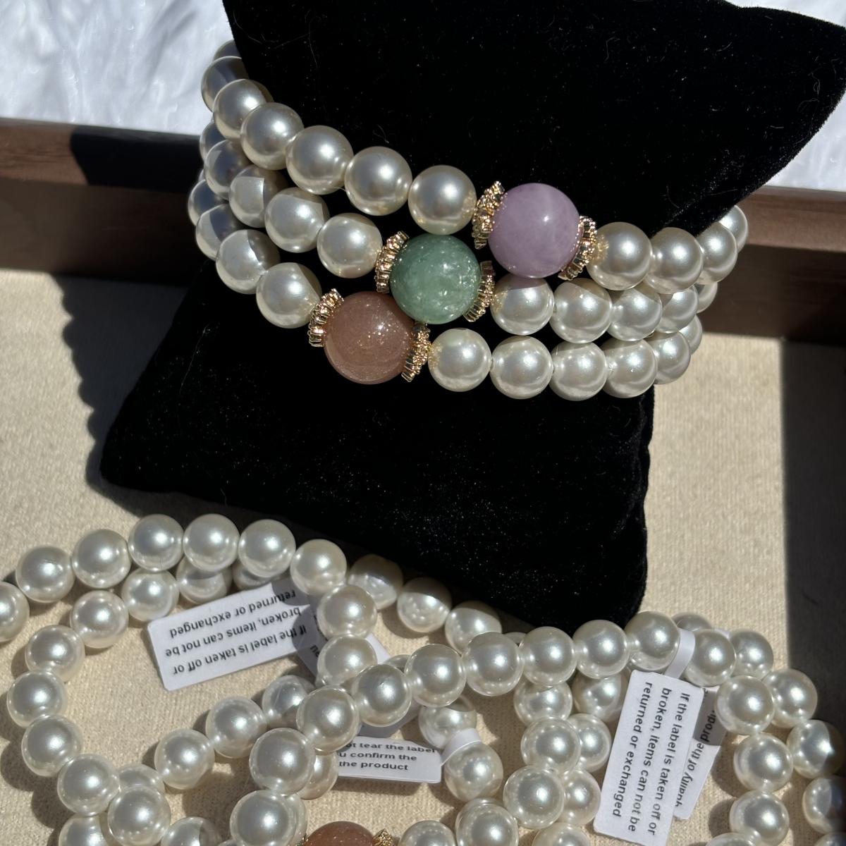 Natural Gemstone & Pearl Bead Bracelet, Choose from Strawberry Quartz, Green Fluorite, or Amethyst picture