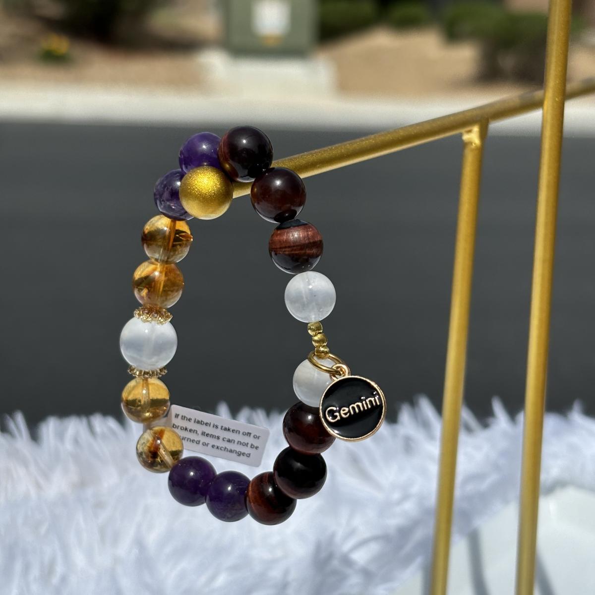 Gemini Zodiac Bracelet &ndash; Natural Amethyst, Citrine, Red Tiger&rsquo;s Eye & Moonstone Crystals picture