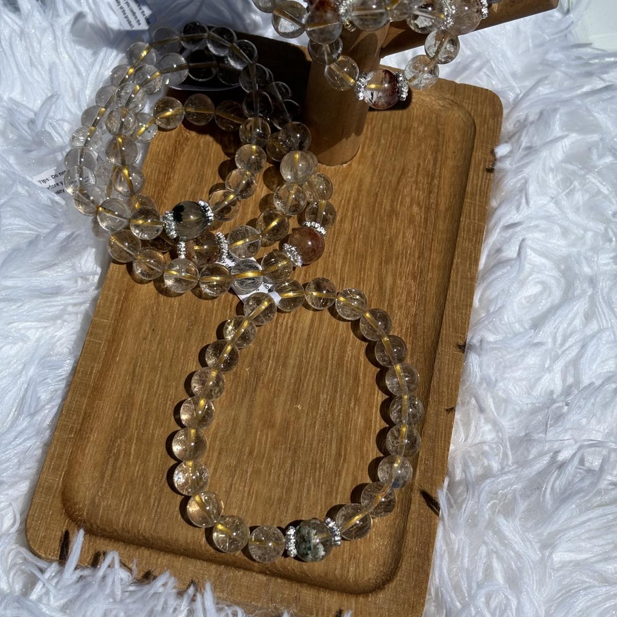 Golden Rutilated Quartz Bracelet | 8mm Beads with 10mm Phantom Quartz Center | Wealth & Clarity Crystal Jewelry picture