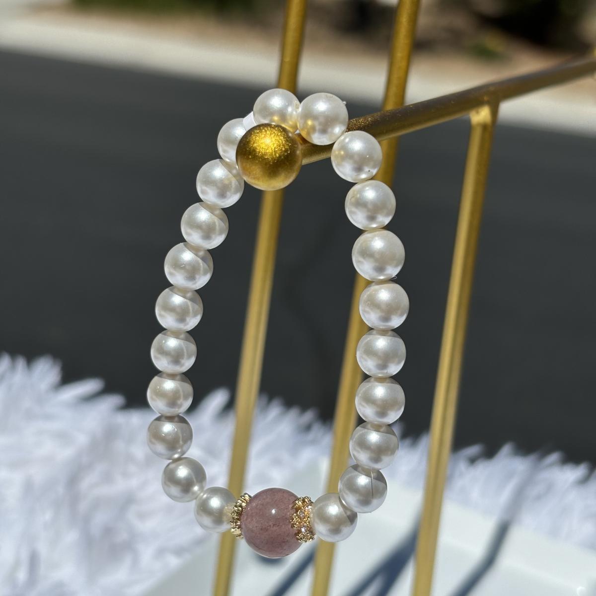 Natural Gemstone & Pearl Bead Bracelet, Choose from Strawberry Quartz, Green Fluorite, or Amethyst picture