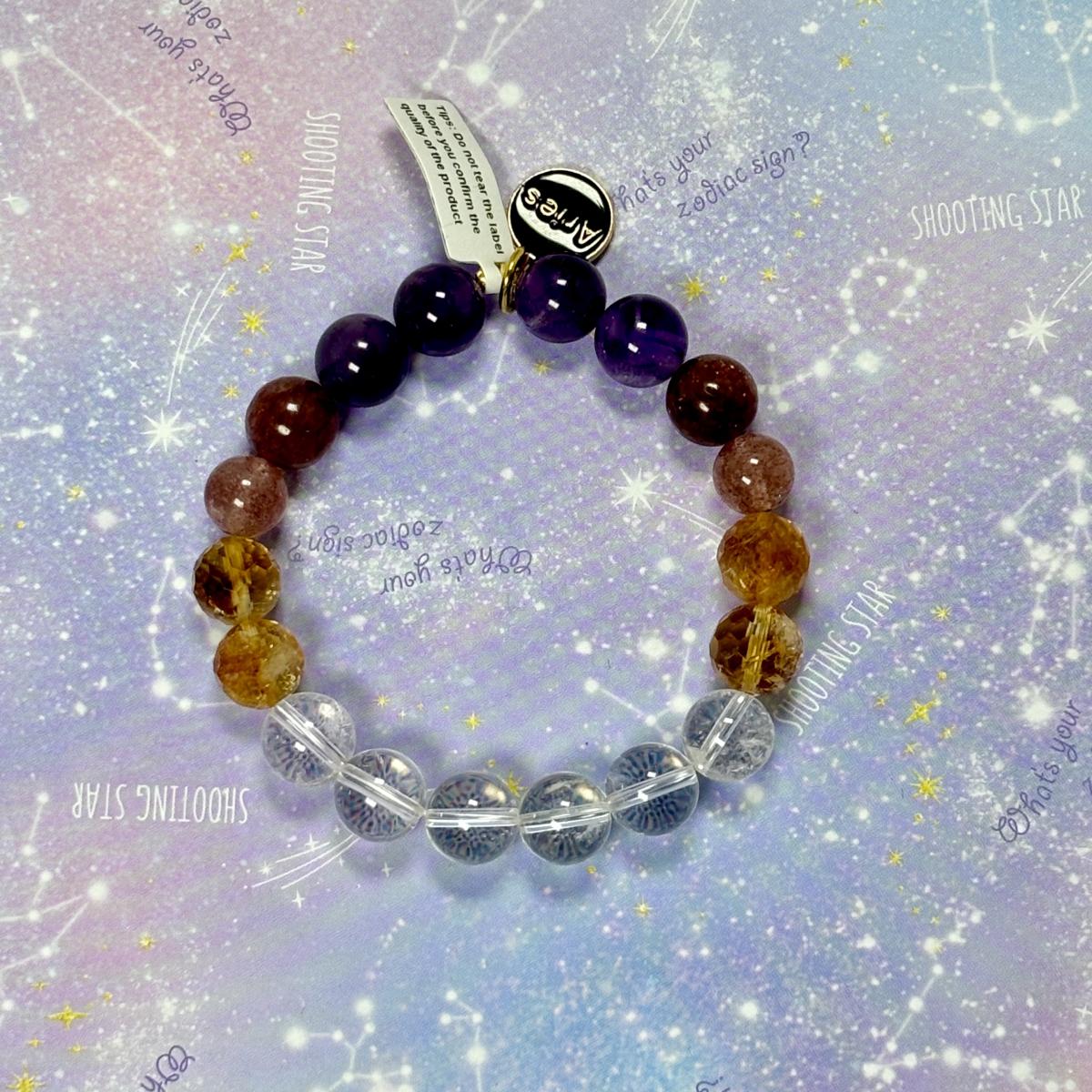 Aries Zodiac Bracelet – Natural Amethyst, Clear Quartz, Citrine & Strawberry Quartz picture