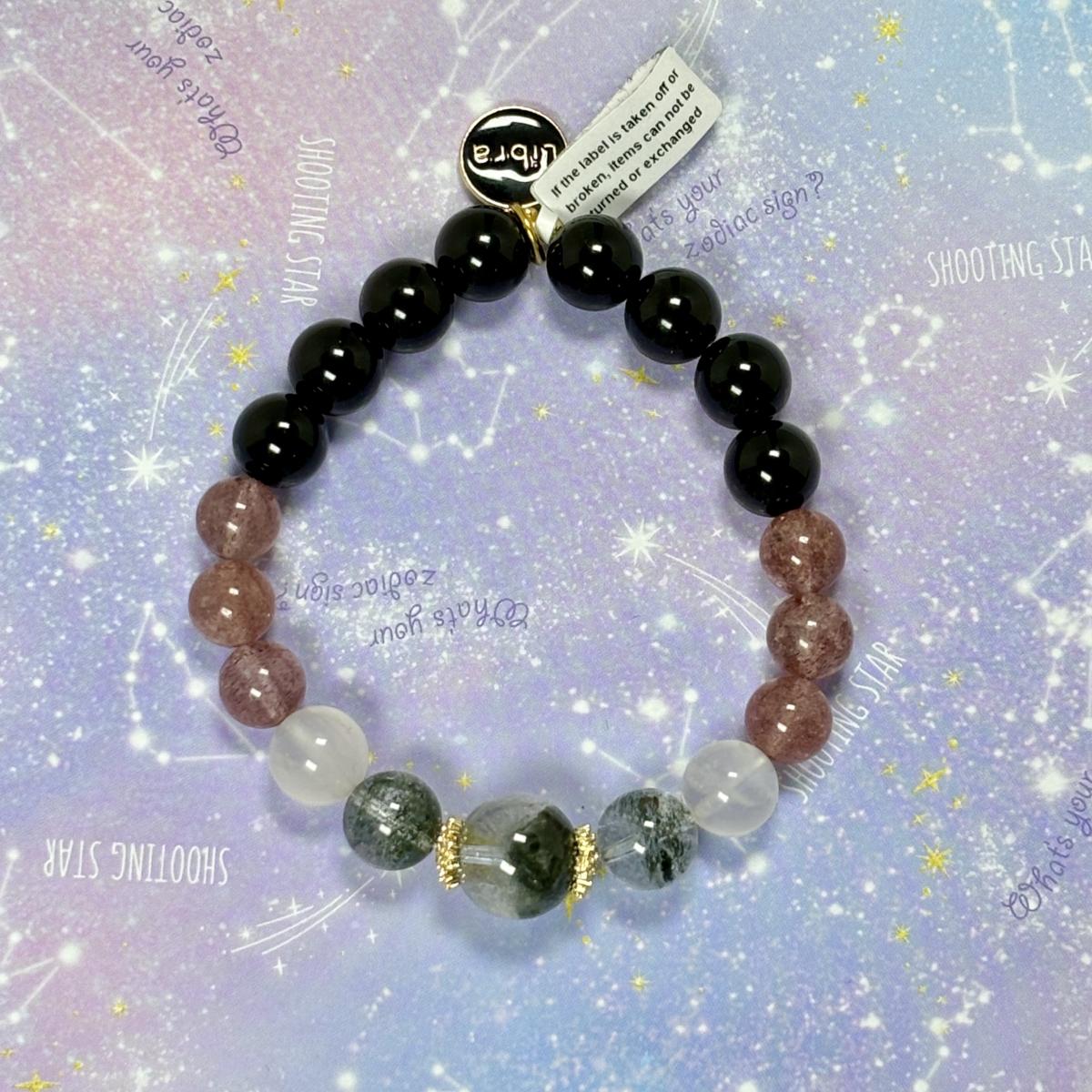 Libra Zodiac Bracelet – Green Phantom Crystal, Moonstone, Strawberry Quartz & Black Onxy picture