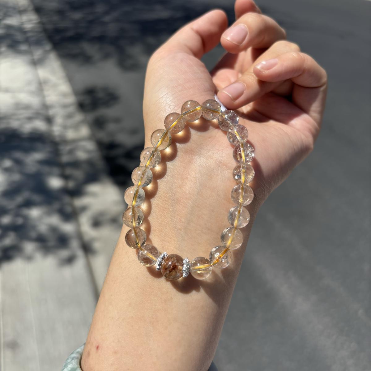 Golden Rutilated Quartz Bracelet | 8mm Beads with 10mm Phantom Quartz Center | Wealth & Clarity Crystal Jewelry picture