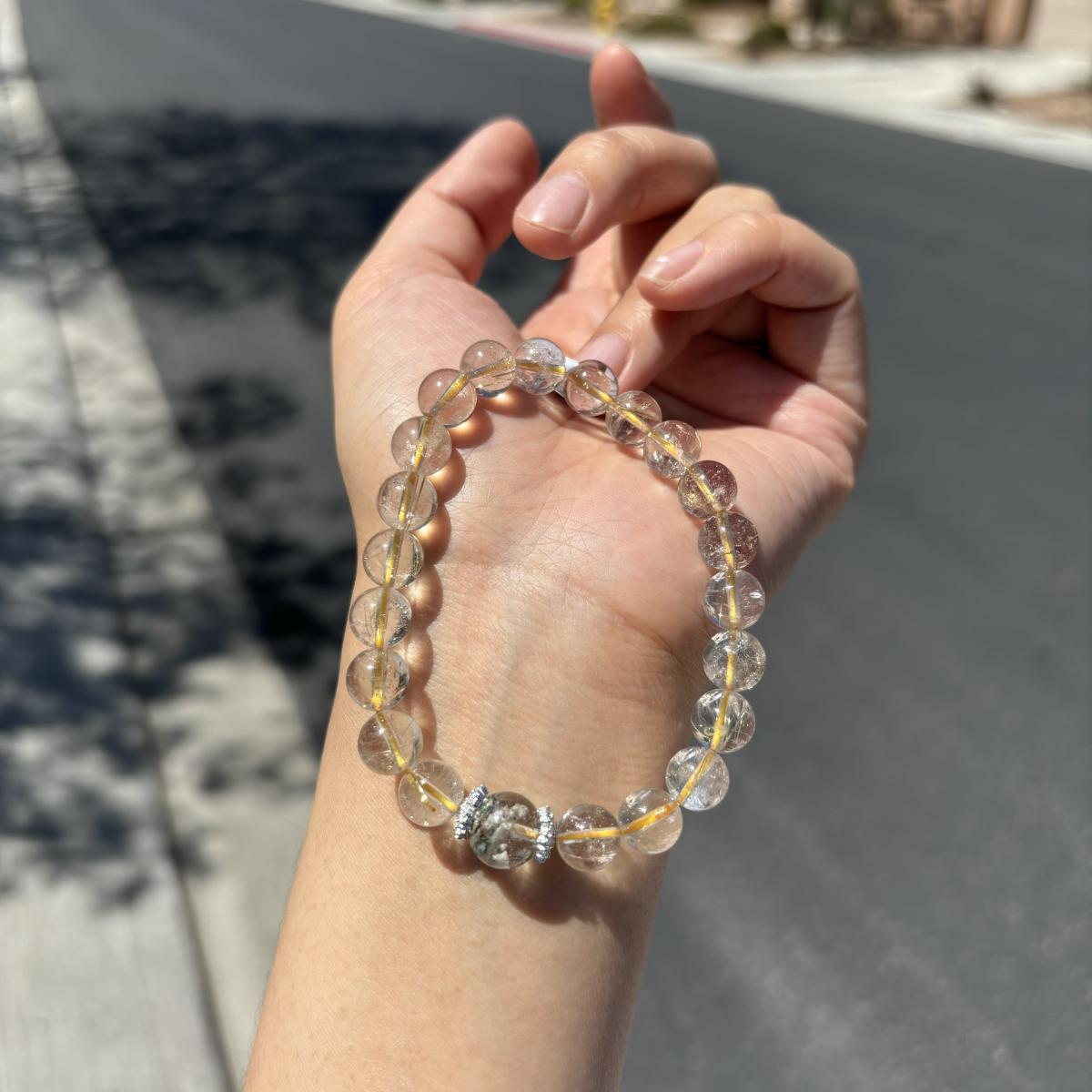Golden Rutilated Quartz Bracelet | 8mm Beads with 10mm Phantom Quartz Center | Wealth & Clarity Crystal Jewelry picture