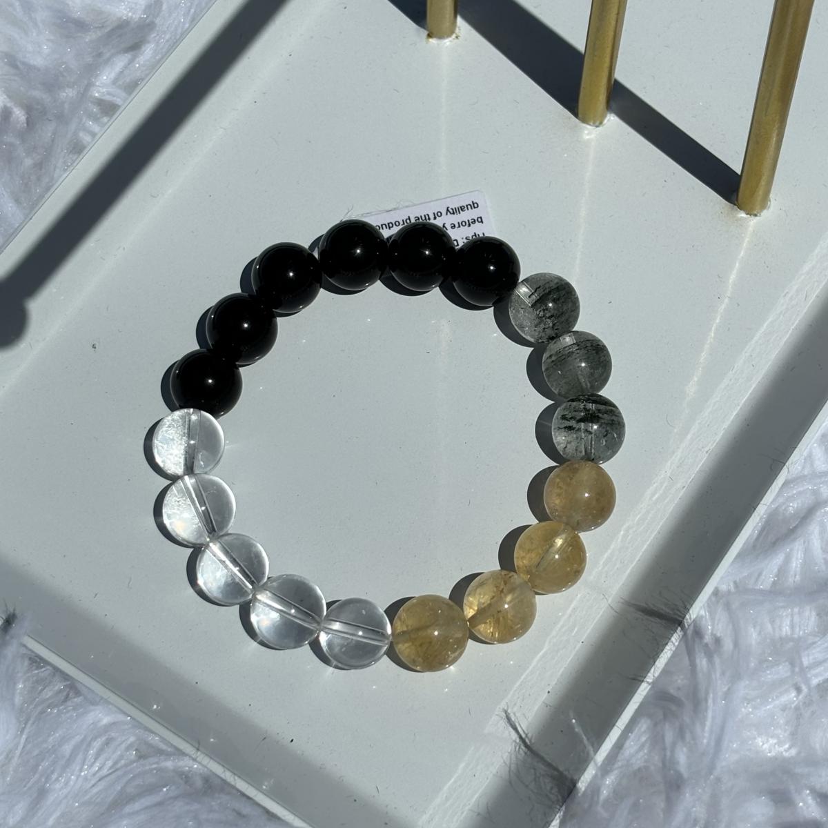 Natural Crystal Bracelet | 10mm Clear Quartz, Phantom Green Quartz, Citrine & Obsidian | Abundance Protection picture