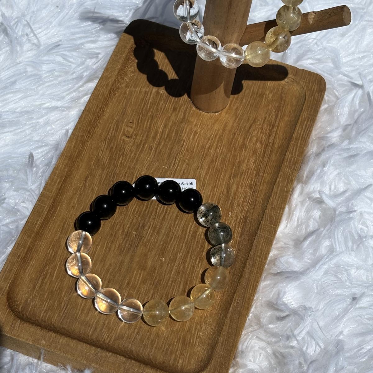 Natural Crystal Bracelet | 10mm Clear Quartz, Phantom Green Quartz, Citrine & Obsidian | Abundance Protection picture