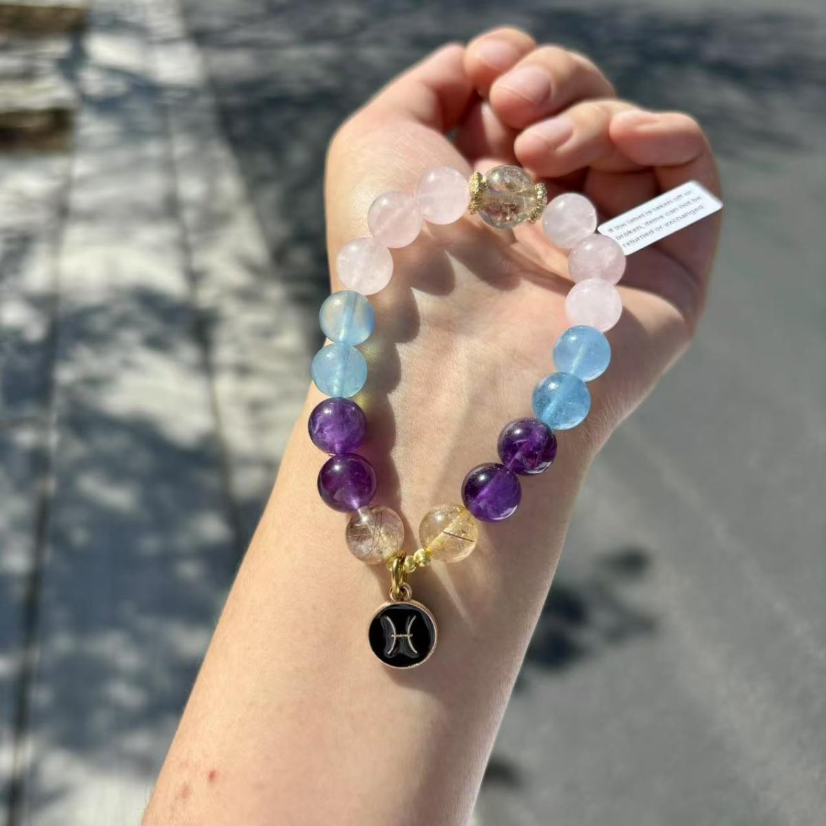 Pisces Zodiac Bracelet – Natural Amethyst, Rose Quartz, Aquamarine & Rutilated Quartz Crystals picture