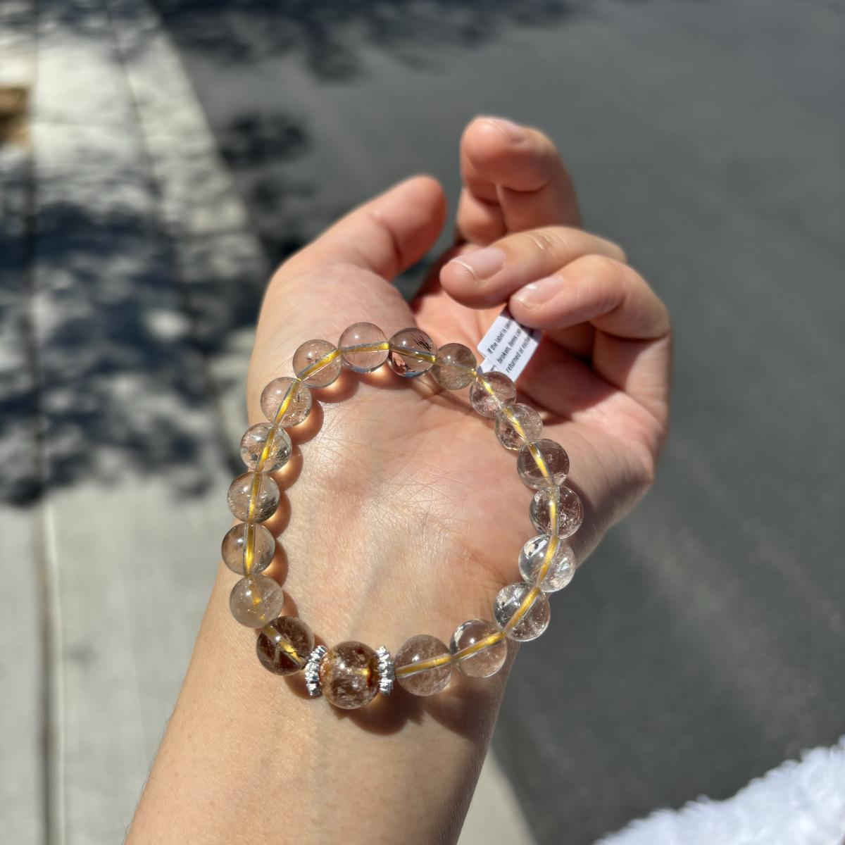 Golden Rutilated Quartz Bracelet | 8mm Beads with 10mm Phantom Quartz Center | Wealth & Clarity Crystal Jewelry picture