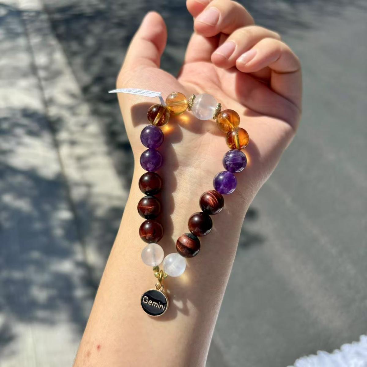 Gemini Zodiac Bracelet &ndash; Natural Amethyst, Citrine, Red Tiger&rsquo;s Eye & Moonstone Crystals picture