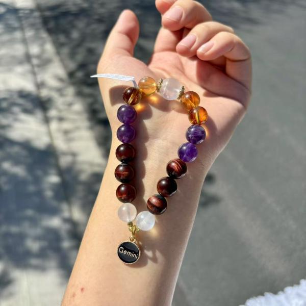 Gemini Zodiac Bracelet – Natural Amethyst, Citrine, Red Tiger’s Eye & Moonstone Crystals picture