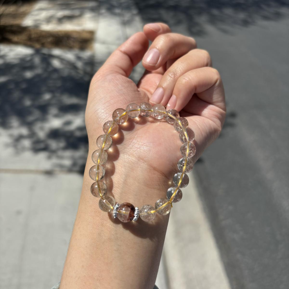 Golden Rutilated Quartz Bracelet | 8mm Beads with 10mm Phantom Quartz Center | Wealth & Clarity Crystal Jewelry picture