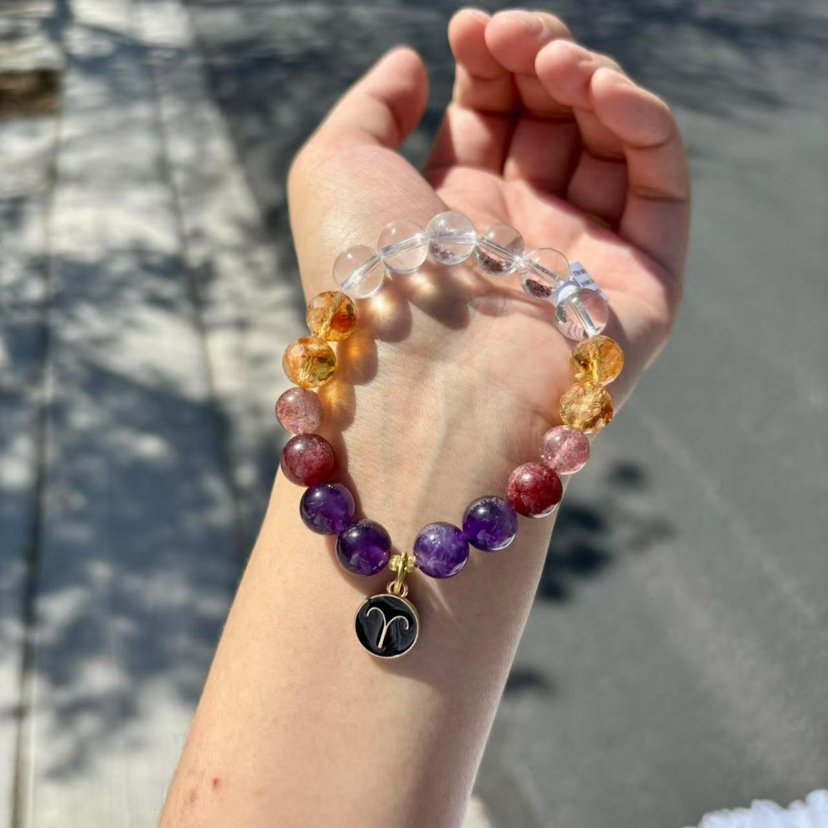 Aries Zodiac Bracelet – Natural Amethyst, Clear Quartz, Citrine & Strawberry Quartz picture