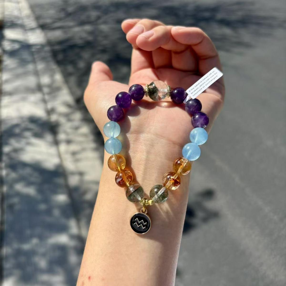 Aquarius Zodiac Bracelet – Green Phantom Crystal, Aquamarine, Natural Amethyst & Citrine picture
