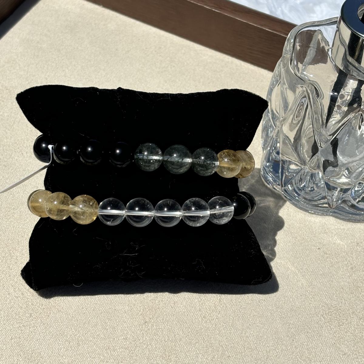 Natural Crystal Bracelet | 10mm Clear Quartz, Phantom Green Quartz, Citrine & Obsidian | Abundance Protection picture