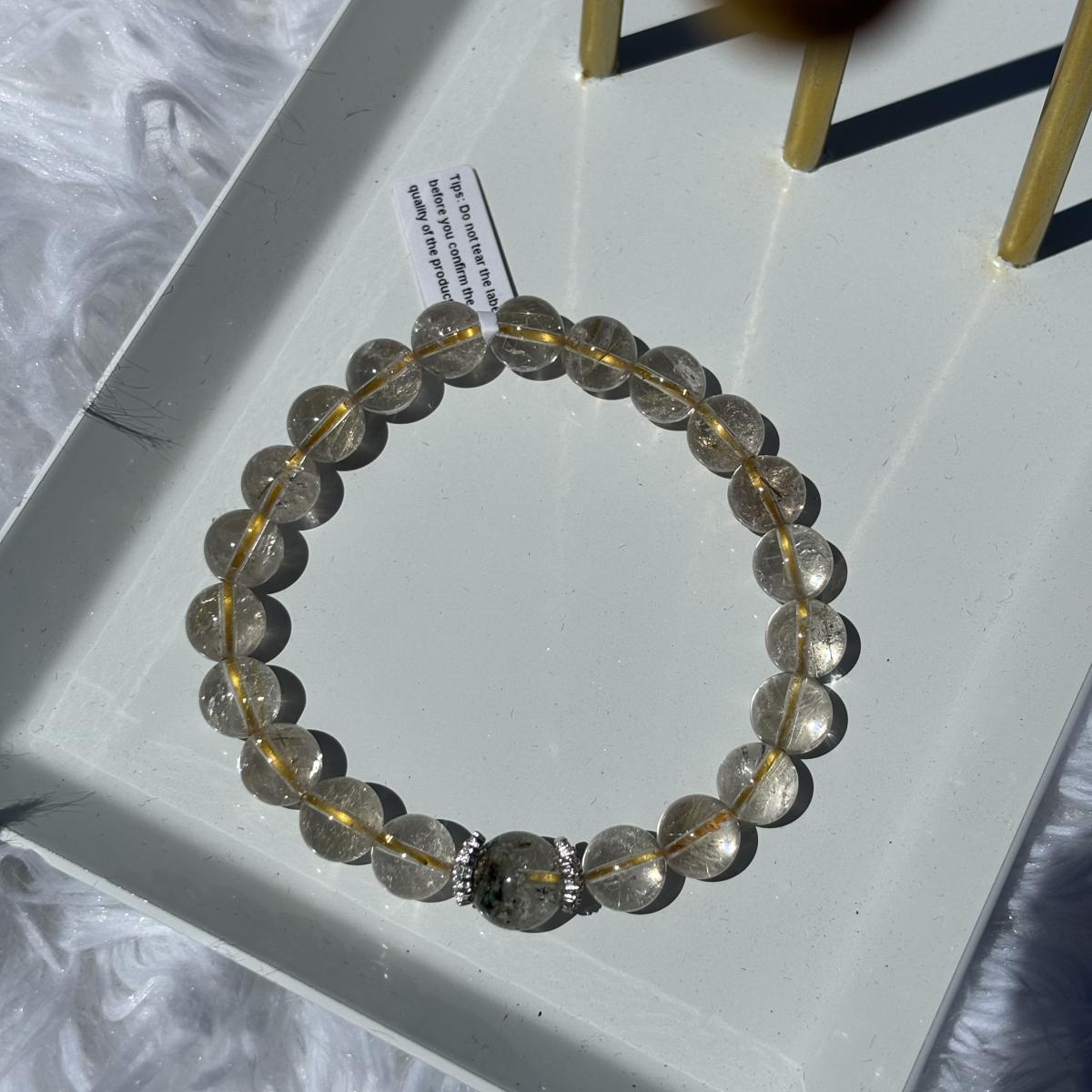 Golden Rutilated Quartz Bracelet | 8mm Beads with 10mm Phantom Quartz Center | Wealth & Clarity Crystal Jewelry picture