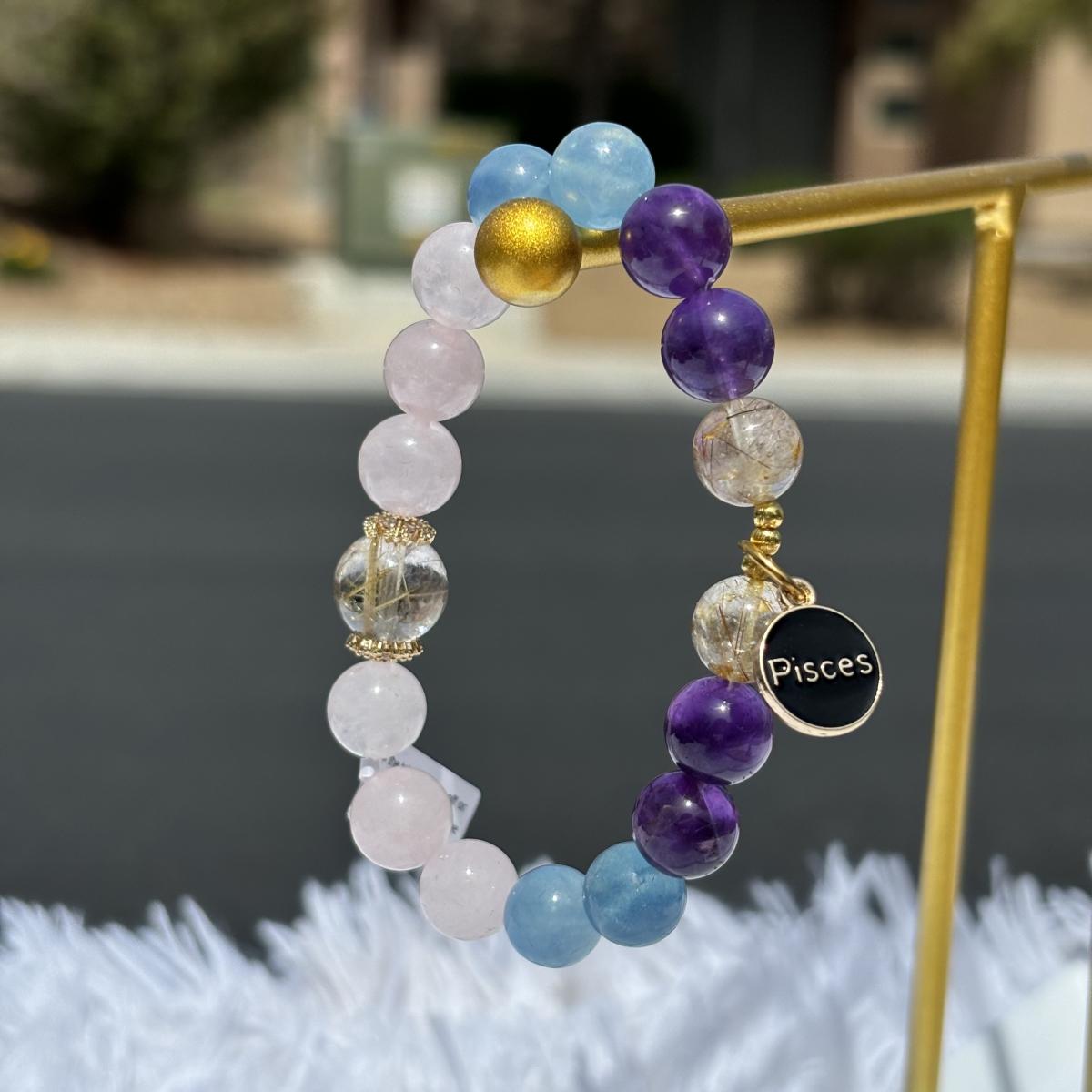 Pisces Zodiac Bracelet – Natural Amethyst, Rose Quartz, Aquamarine & Rutilated Quartz Crystals picture