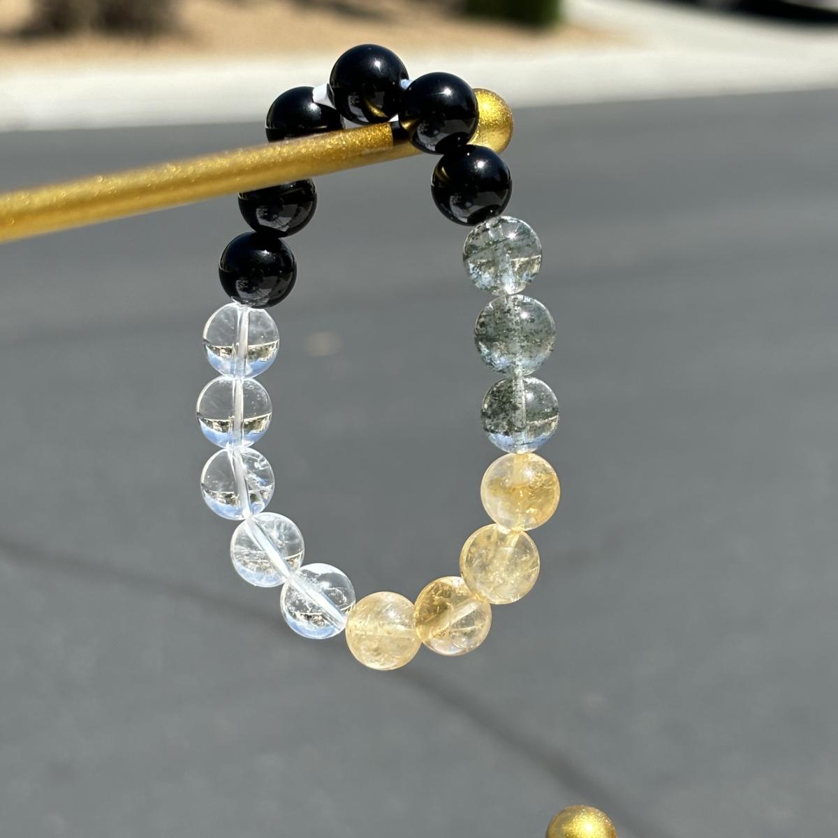 Natural Crystal Bracelet | 10mm Clear Quartz, Phantom Green Quartz, Citrine & Obsidian | Abundance Protection picture