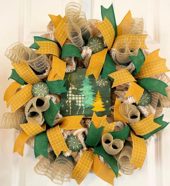 Reindeer Holiday Wreath/Christmas Wreath/Green and Gold Wreath/Holiday Decor