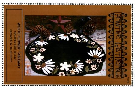 Wool Applique White Flower Table Mat Kit or Pattern (Flowers, Vines) by Julie Feidt Kit Available for Primitive Gatherings
