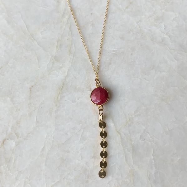 Gold Y Necklace with Ruby Gemstone and Disc Chain