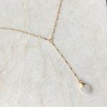 Gold Y Necklace with Rainbow Moonstone Drop