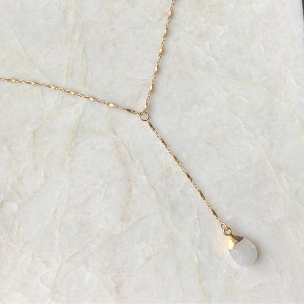 Gold Y Necklace with Rainbow Moonstone Drop picture