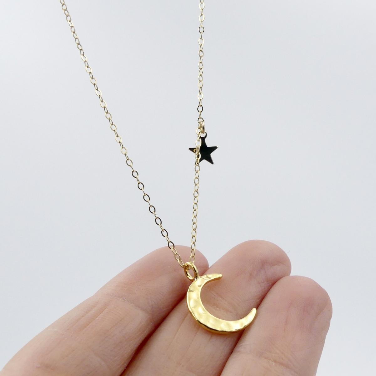 Gold or Silver Hammered Moon and Star Necklace picture