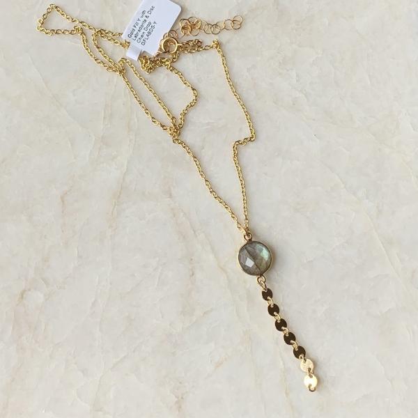 Gold Y Necklace with Labradorite Gemstone and Disc Chain