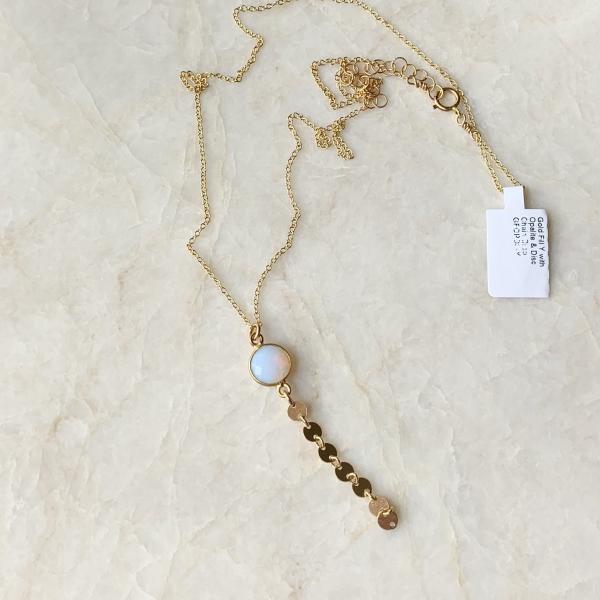 Gold Y Necklace with Opalite and Disc Chain Drop