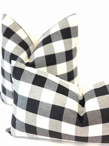 Large cream/black gingham designer fabric throw pillow cover; medium weight upholstery cotton throw pillow picture