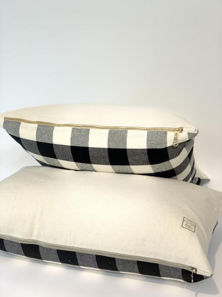 Large cream/black gingham designer fabric throw pillow cover; medium weight upholstery cotton throw pillow picture