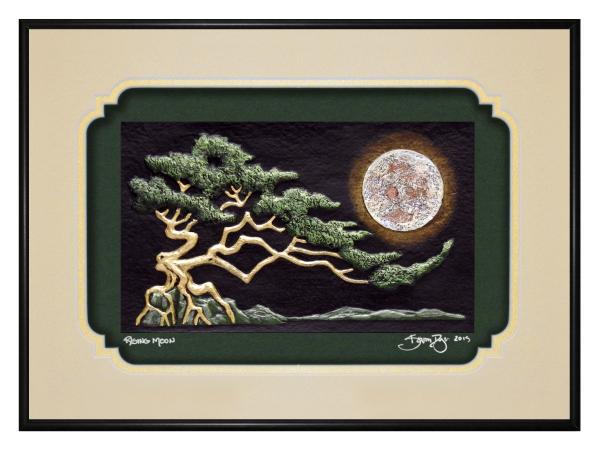 Rising Moon Framed hand painted cast paper picture