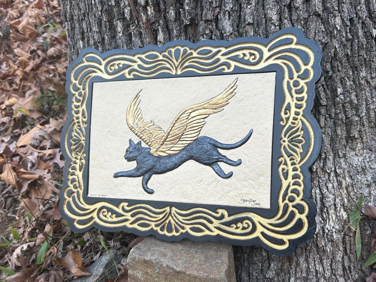 Flight of Fancy - Cast Paper - Fantasy art - Winged Feline- Angel Cat - Kitty Fairy - Black White Cat picture