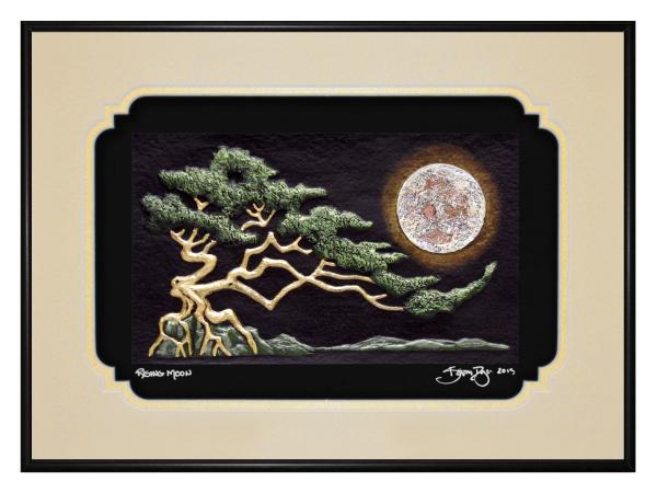 Rising Moon Framed hand painted cast paper picture