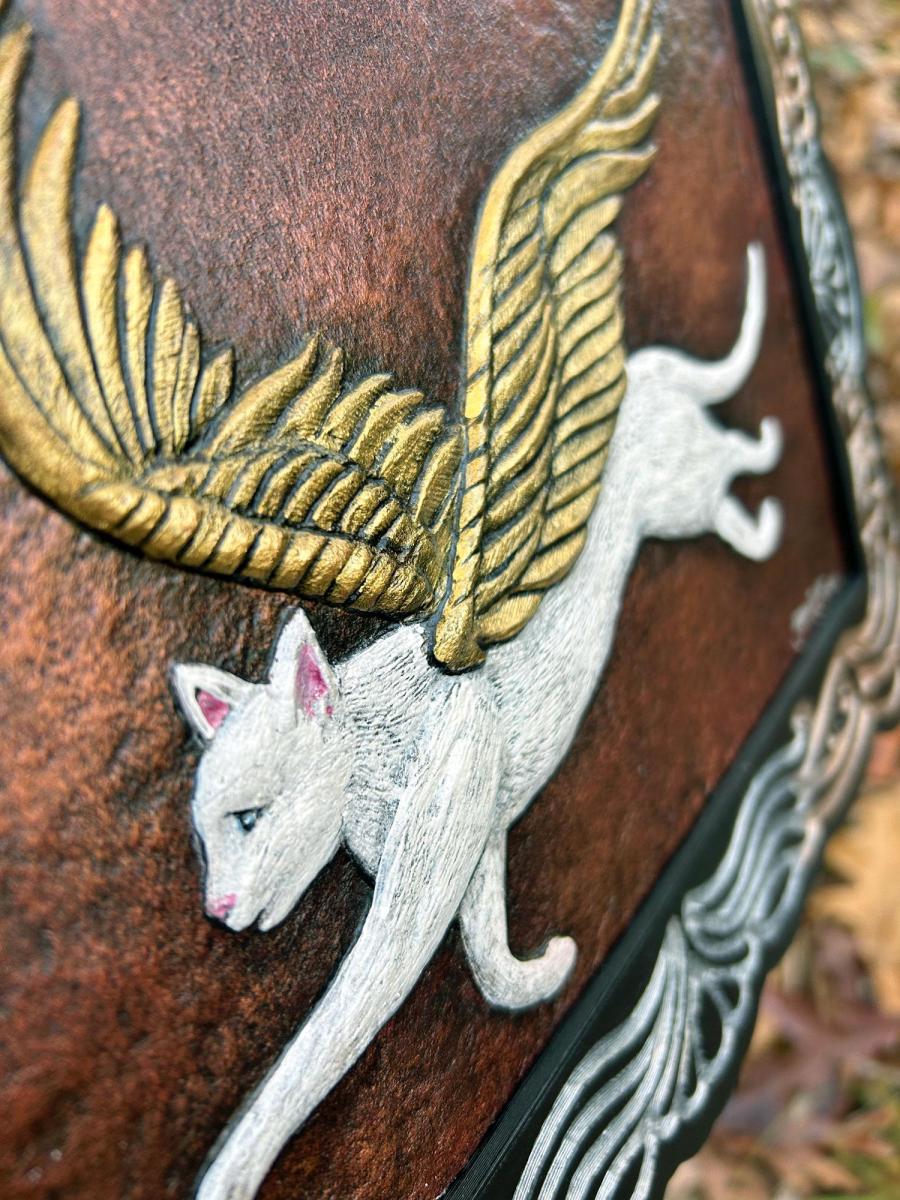 Flight of Fancy - Cast Paper - Fantasy art - Winged Feline- Angel Cat - Kitty Fairy - Black White Cat picture