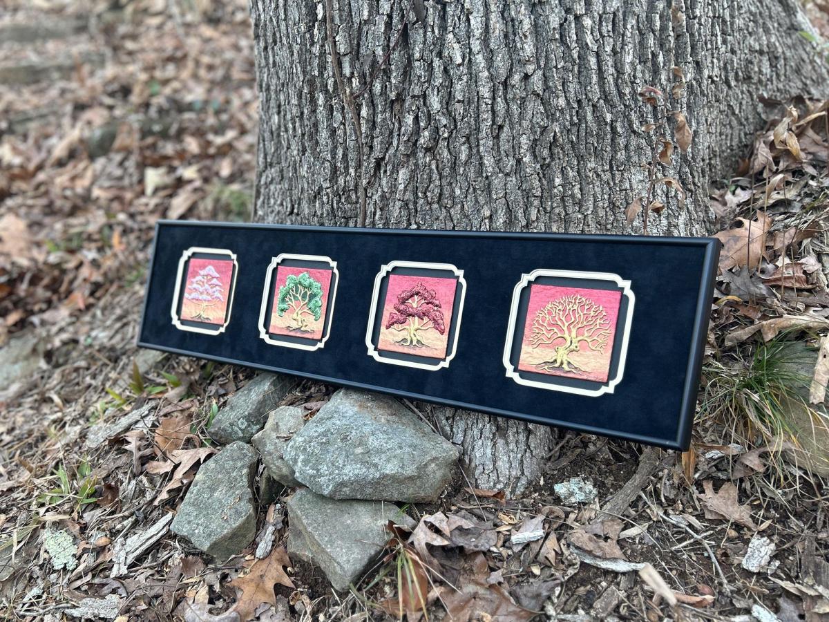 Four Seasons 8" x 32" - Hand Painted Cast Paper - Trees - Seasons - Spring, Summer, Autumn and Winter picture