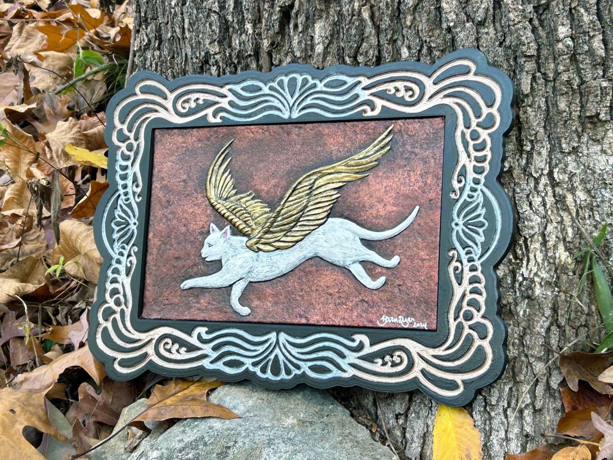 Flight of Fancy - Cast Paper - Fantasy art - Winged Feline- Angel Cat - Kitty Fairy - Black White Cat picture