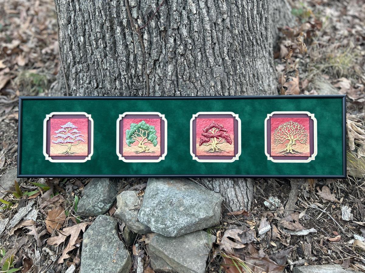 Four Seasons 8" x 32" - Hand Painted Cast Paper - Trees - Seasons - Spring, Summer, Autumn and Winter picture