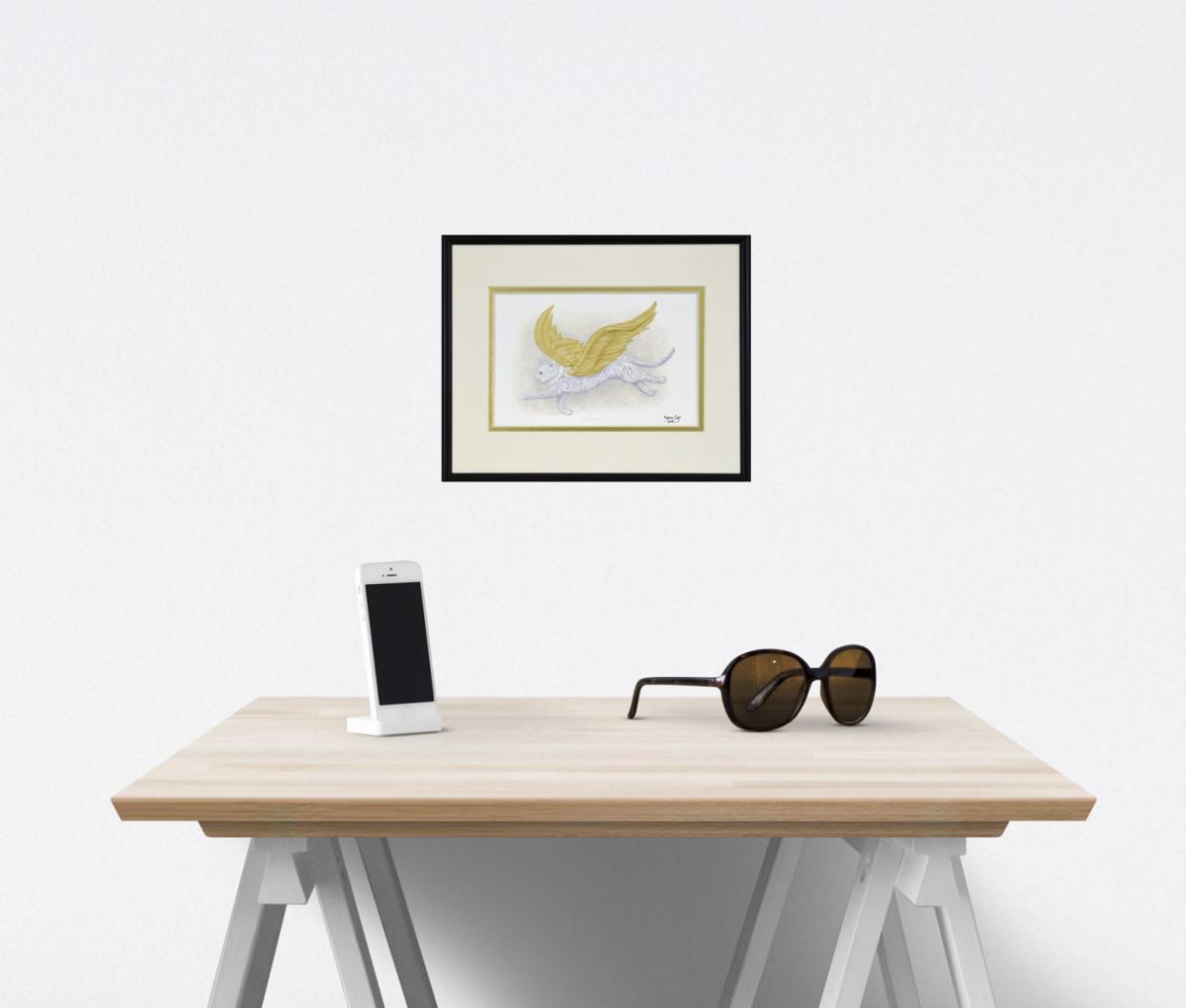 Flight of Fancy - Framed Digital Print - Flying Cat - Cat Angel - 8" x 10" picture