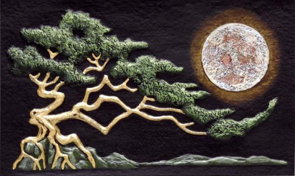 Rising Moon Framed hand painted cast paper picture