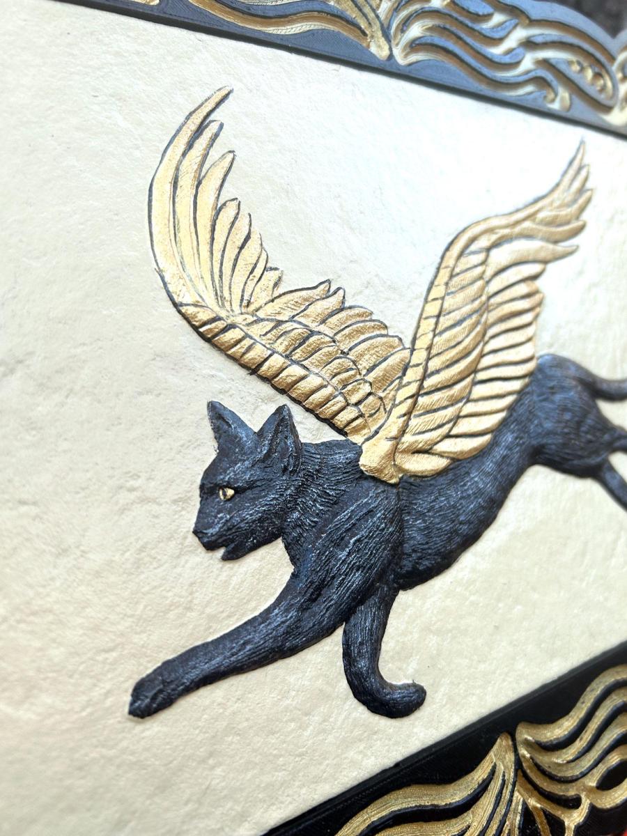 Flight of Fancy - Cast Paper - Fantasy art - Winged Feline- Angel Cat - Kitty Fairy - Black White Cat picture