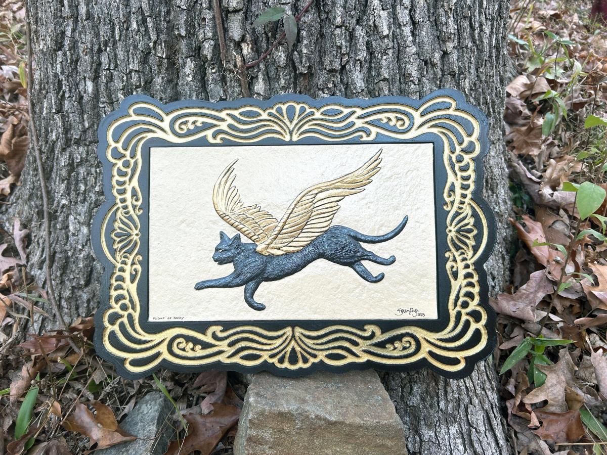 Flight of Fancy - Cast Paper - Fantasy art - Winged Feline- Angel Cat - Kitty Fairy - Black White Cat picture