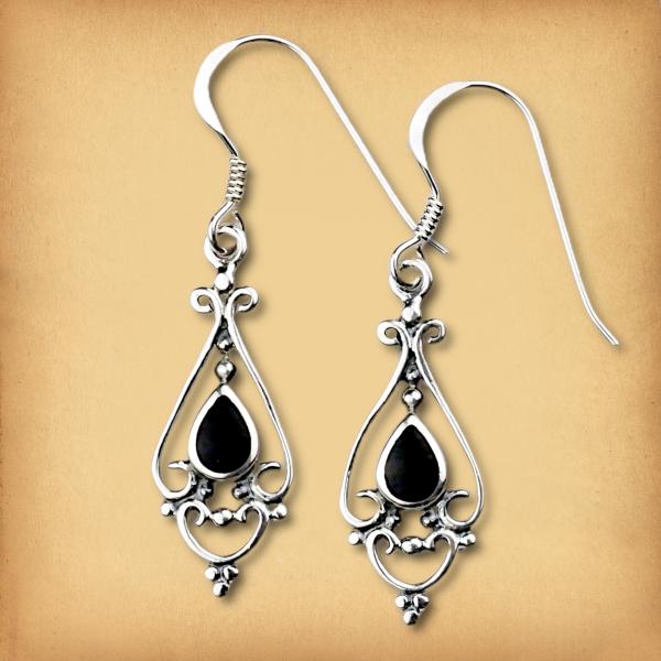Silver Filigree Onyx Earrings - ESS-515