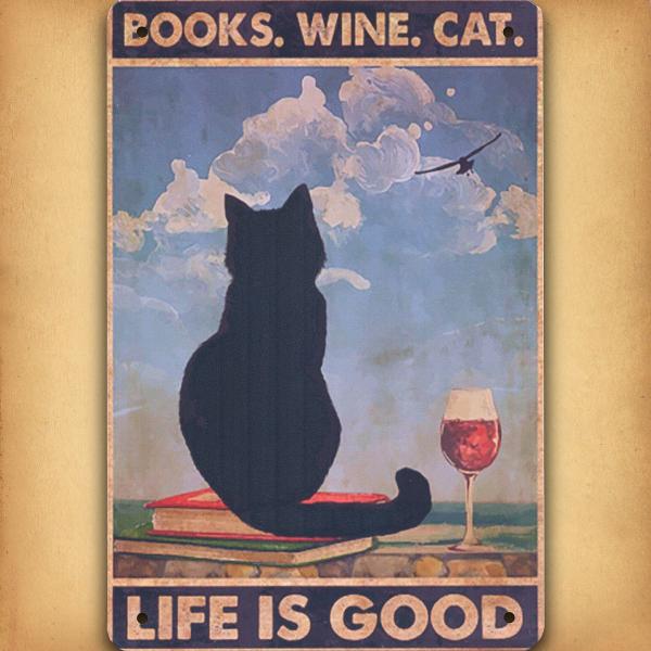 Books, Wine, Cat Tin Sign - TIN-A025