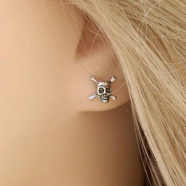 Silver Skull and Cross Bones Stud Earrings - ESS-620 picture