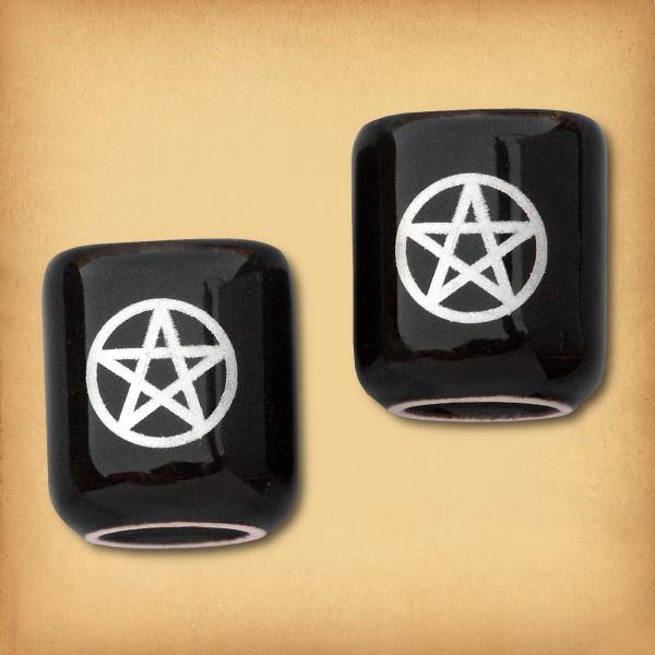 Pair of Plain Black with Silver Pentacles Mini Candle Holders - CAN-605