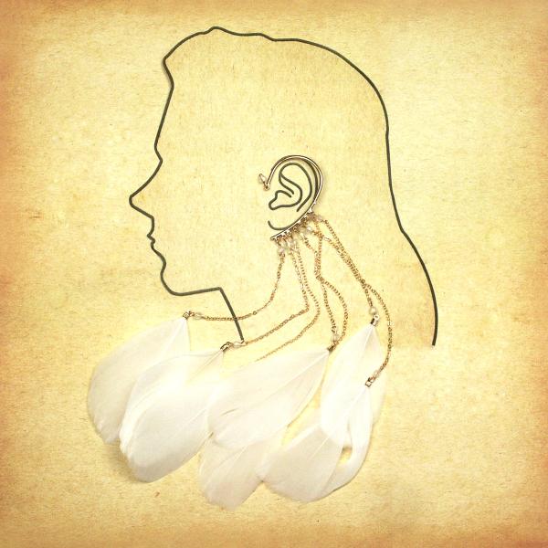White Feather Dangle Wire Ear Cuff - FTH-E22